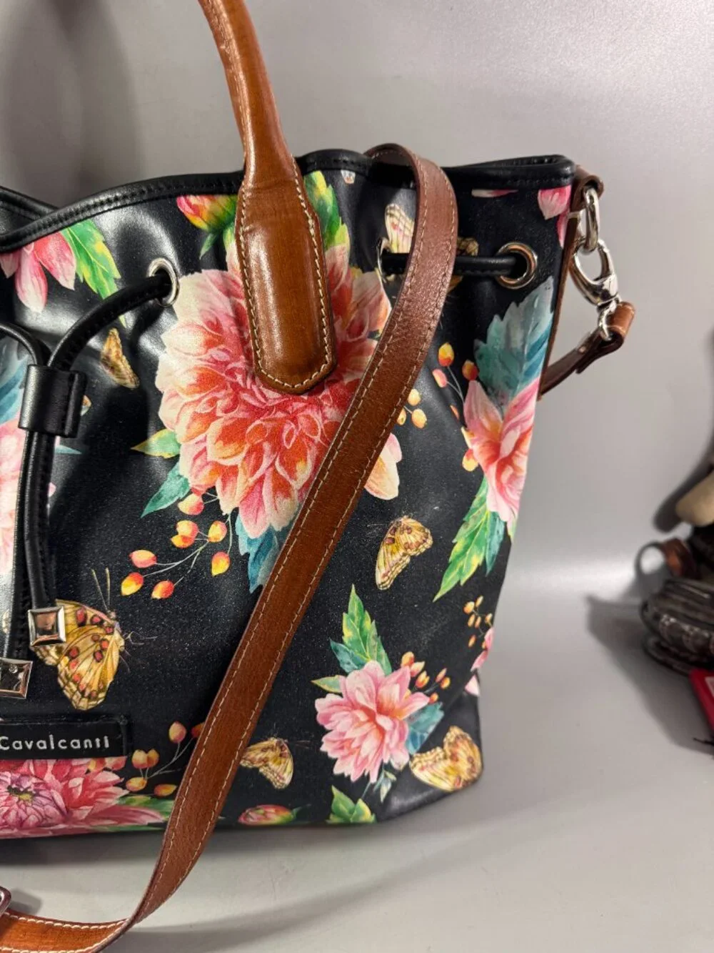 Cavalcanti Italian Black Leather Floral Spring Summer Drawstring Satchel Bag